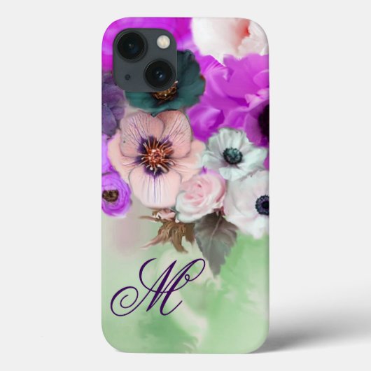 ピンクとパープルのバラ、白いアネモネの花のモノグラム Case-Mate iPhoneケース (裏面)
