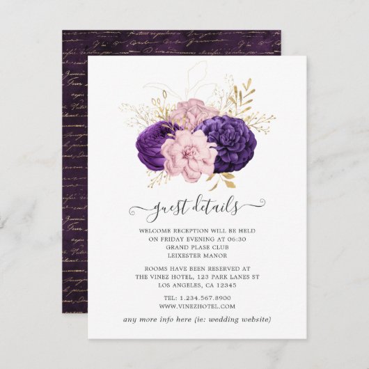 ピンクとパープルのフローラ結婚ズゲスト詳細 エンクロージャーカード (正面/裏面)