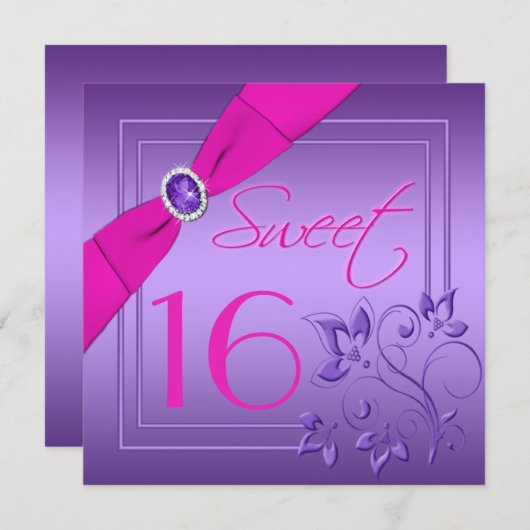 ピンクとパープルのフローラSweet sixteen招待状 招待状 (正面/裏面)