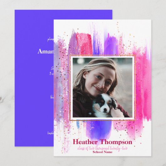 ピンクとパープルのペイントされたグリッターが輝く卒業式 招待状 (正面/裏面)