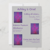 ピンクとパープルのロボット サイエンスパーティー招待状 招待状 (正面)