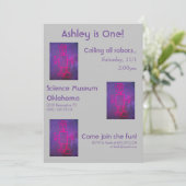 ピンクとパープルのロボット サイエンスパーティー招待状 招待状 (スタンド正面)