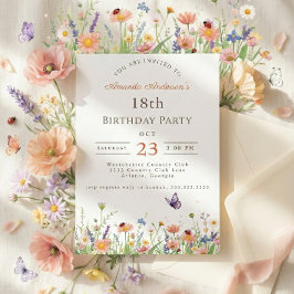 ピンクとパープルのワイルドフラワー ガーデンパーティー 18歳の誕生日 招待状