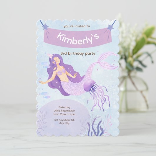 ピンクとパープルの人魚の誕生日パーティーの招待状 招待状 (スタンド正面)