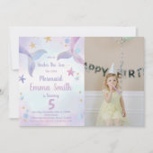 ピンクとパープルの人魚の誕生日招待状（写真付き） 招待状 (正面)