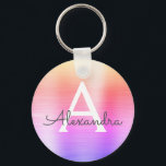ピンクとパープルの偽ステンレススチールモノグラム キーホルダー<br><div class="desc">パステルピンク、オレンジ、パープルのオンブレ偽ステンレススチールメタリックエレガントキーケース。 これらのキーケースは、イニシャルと名前をカスタマイズして含めることができます。 これらのキーチェーンは、誕生日、ブライズシャワー、またはバチェロレッテパーティーの景品に最適です。</div>