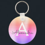 ピンクとパープルの偽ステンレススチールモノグラム キーホルダー<br><div class="desc">パステルピンク、オレンジ、パープルのオンブレ偽ステンレススチールメタリックエレガントキーケース。 これらのキーケースは、イニシャルと名前をカスタマイズして含めることができます。 これらのキーチェーンは、誕生日、ブライズシャワー、またはバチェロレッテパーティーの景品に最適です。</div>