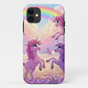 ピンクとパープルの可愛いユニコーンとレインボーの集団 iPhone 11 ケース