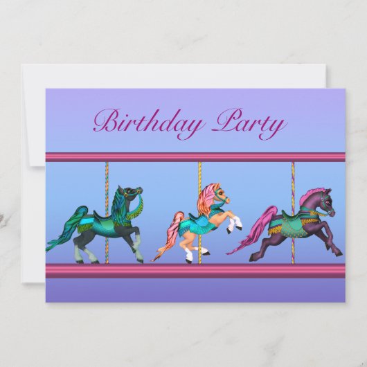 ピンクとパープルの回転木馬の馬 女子の誕生日パーティー 招待状 (正面)