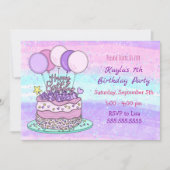 ピンクとパープルの女の子の誕生日 招待状 (正面)