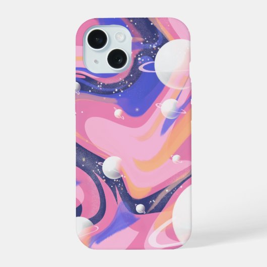 ピンクとパープルの宇宙渦巻き抽象画 iPhone 15ケース (裏面)