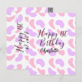ピンクとパープルの抽象的な形のハッピー1歳の誕生日ネーム ポストカード (正面/裏面)