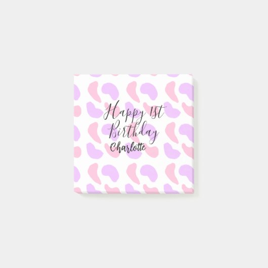 ピンクとパープルの抽象的な形のハッピー1歳誕生日ネーム ポストイット (正面)