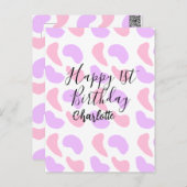 ピンクとパープルの抽象的な形のハッピー1歳誕生日ネーム ポストカード (正面/裏面)