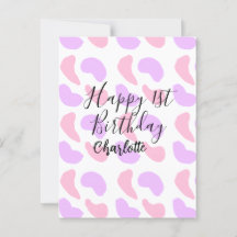 ピンクとパープルの抽象的な形のハッピー1歳誕生日ネーム