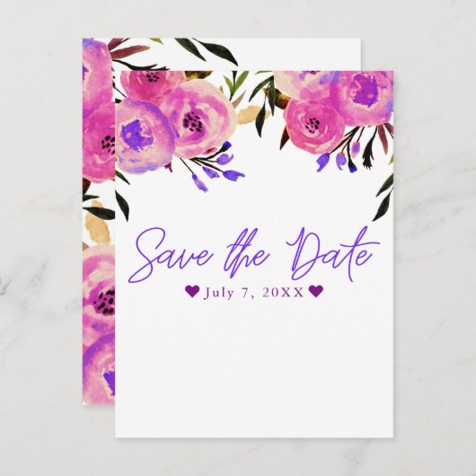 ピンクとパープルの明るいモダンな花柄の「Save the Date」お知らせ 案内ポストカード (正面/裏面)