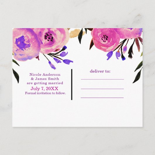 ピンクとパープルの明るいモダンな花柄の「Save the Date」お知らせ 案内ポストカード (裏面)