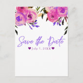 ピンクとパープルの明るいモダンな花柄の「Save the Date」お知らせ 案内ポストカード (正面)