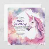 ピンクとパープルの水彩ユニコーン誕生日 招待状 (正面/裏面)