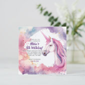 ピンクとパープルの水彩ユニコーン誕生日 招待状 (スタンド正面)