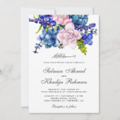 ピンクとパープルの水彩花イラストのイスラム教式結婚式 招待状 (正面)