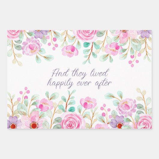 ピンクとパープルの水彩花フレーム ラッピングペーパーシート (正面2)