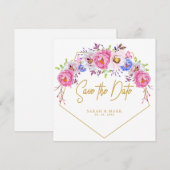 ピンクとパープルの水彩花フレーム Save The Dates 招待状 (正面/裏面)