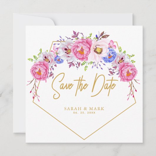 ピンクとパープルの水彩花フレーム Save The Dates 招待状 (正面)