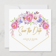 ピンクとパープルの水彩花フレーム Save The Dates