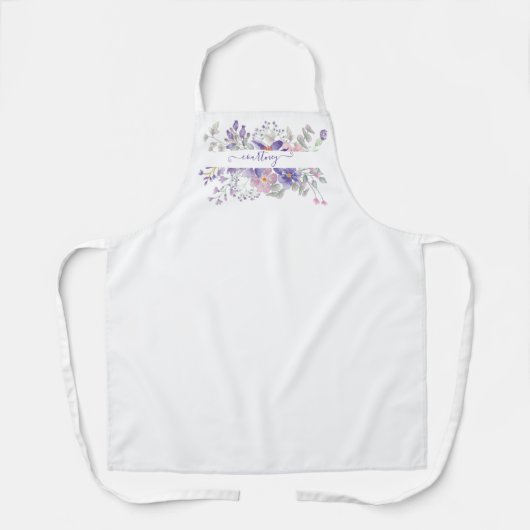 ピンクとパープルの水彩花柄のパーソナライズされた エプロン (正面)