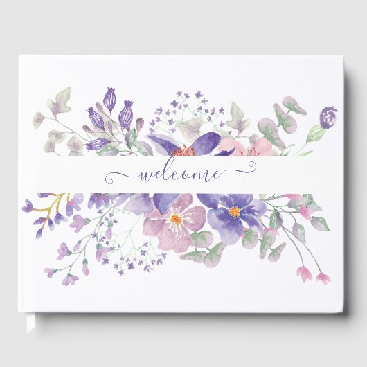 ピンクとパープルの水彩花柄オーダーメイド ゲストブック (正面)