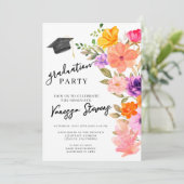 ピンクとパープルの水彩花模様の写真付き卒業証 招待状 (スタンド正面)