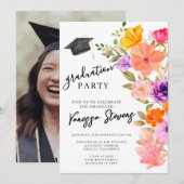 ピンクとパープルの水彩花模様の写真付き卒業証 招待状 (正面/裏面)