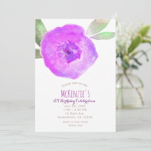 ピンクとパープルの水彩花 1歳誕生日パーティー 招待状 (スタンド正面)