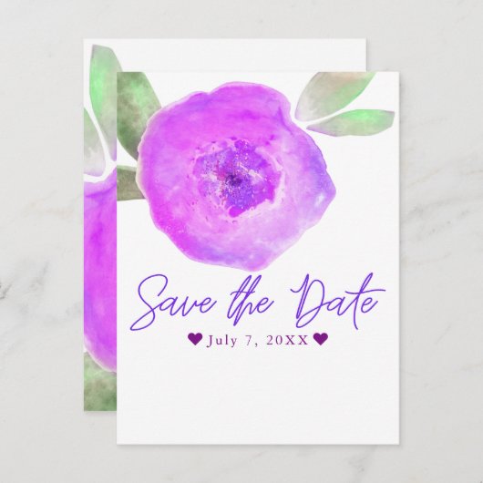 ピンクとパープルの水彩花 Save the Date 案内ポストカード (正面/裏面)