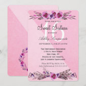 ピンクとパープルの水彩花 Sweet 16 招待状 (正面/裏面)