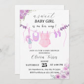 ピンクとパープルの洗濯物干しラインの女の子ベビーシャワー 招待状 (正面/裏面)