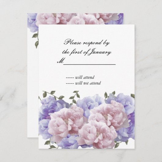 ピンクとパープルの牡丹の返信カード 出欠カード (正面/裏面)