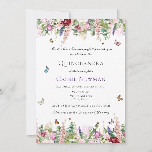 ピンクとパープルの花と蝶のキンセアニエラ 招待状 (正面)
