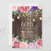 ピンクとパープルの花のナチュラル系ストリングライト 60歳 招待状 (正面)