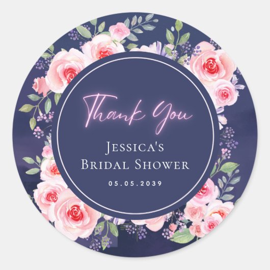 ピンクとパープルの花のネオン結婚式前祝い感謝 ラウンドシール (正面)