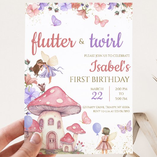 ピンクとパープルの花の妖精の女の子の誕生日 招待状