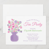 ピンクとパープルの花の水彩茶会 招待状 (正面/裏面)