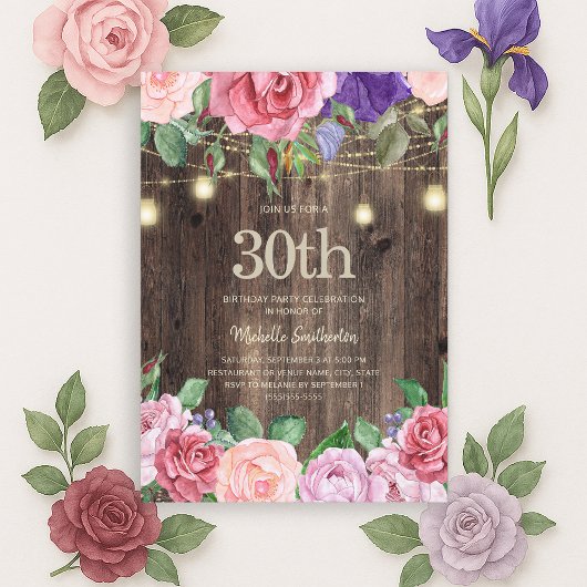 ピンクとパープルの花の電飾 30th 招待状