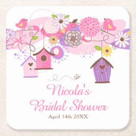 ピンクとパープルの花の鳥かご ブライダルシャワー スクエアペーパーコースター