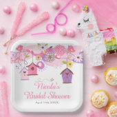 ピンクとパープルの花の鳥かご ブライダルシャワー ペーパープレート (パーティー)