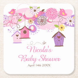 ピンクとパープルの花の鳥かご ベビーシャワー スクエアペーパーコースター