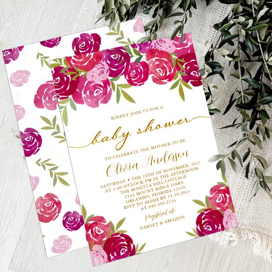 ピンクとパープルの花束の女の子の赤ちゃんシャワー 招待状