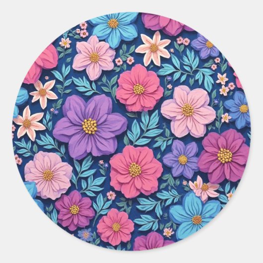 ピンクとパープルの花柄の背景 ラウンドシール (正面)