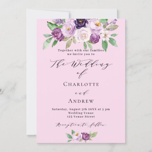 ピンクとパープルの花柄 QRコード 詳細 RSVP ウェディング 招待状 (正面)